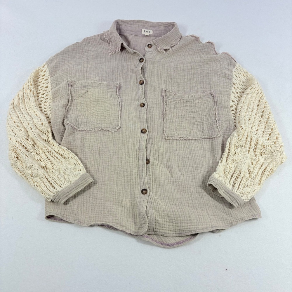 POL Crochet Sleeve Gauze Shirt Ivory Button‎ Up Oversized chic flowy Top Small